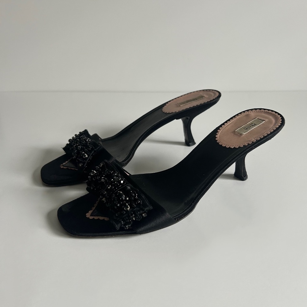 Vintage Prada Black Beaded Bow Slide Mule Kitten Heels Size EU 39.5 - Picture 4 of 13